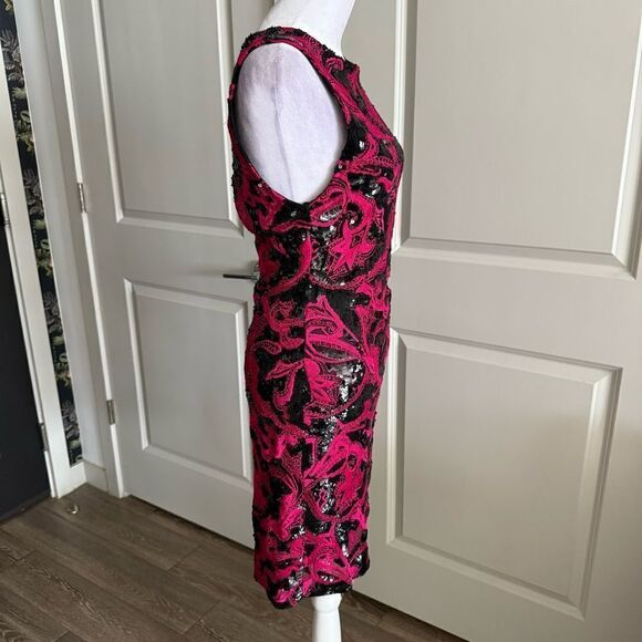 NWT Alice + Olivia Black and Fuchsia Lace and Sequins Cocktail Dress Size 10 - Picture 4 of 10